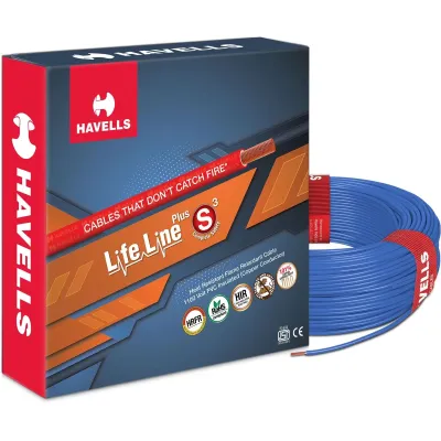 Havells Lifeline+ S3 Heat Resistant Flame Retardant WHFFDNBA12X5 2.5 sq mm Copper Wire (90 mtr, Blue) Havells Lifeline+ S3 Heat Resistant Flame Retardant WHFFDNBA12X5 2.5 sq mm Copper Wire (90 mtr, Blue)