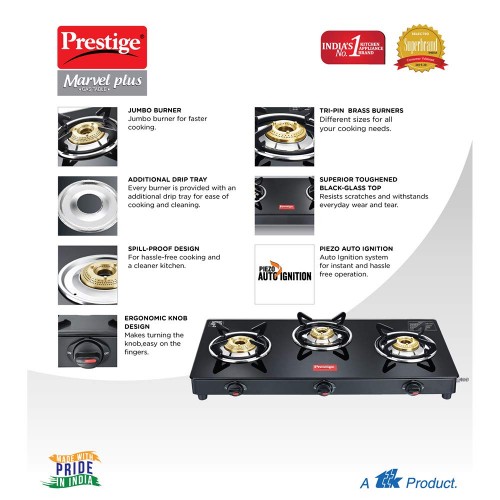 prestige gas stove 3 burner glass top auto ignition