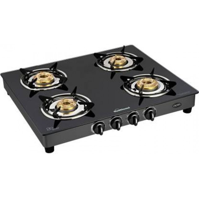 Sunflame Crown 4 Burner Glass Top Gas Stove (Manual Ignition, Black) 