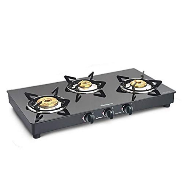 Sunflame Prime 3 burner Glass Top Gas Stove with 5 Years Warranty on Glass (Manual Ignition, Black) 
