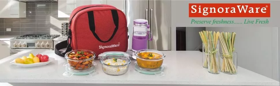 Signoraware Executive High Borosilicate Bakeware Safe Glass Lunch Box Set with Bag, 400ml+400ml+400ml, 3-Pieces, Transparent